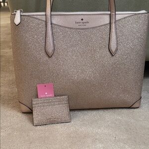 New Kate Spade Shimmy Glitter Tote and Card Holder in Rose Gold